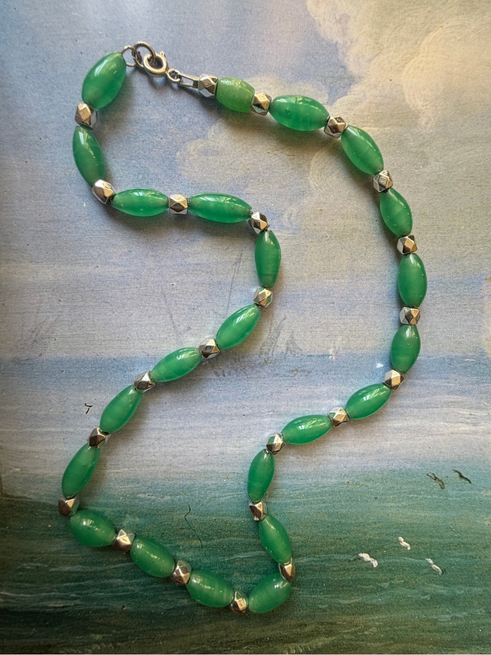 Vtg Sterling Silver Green Art Glass Bead Necklace 15" - Picture 3 of 10